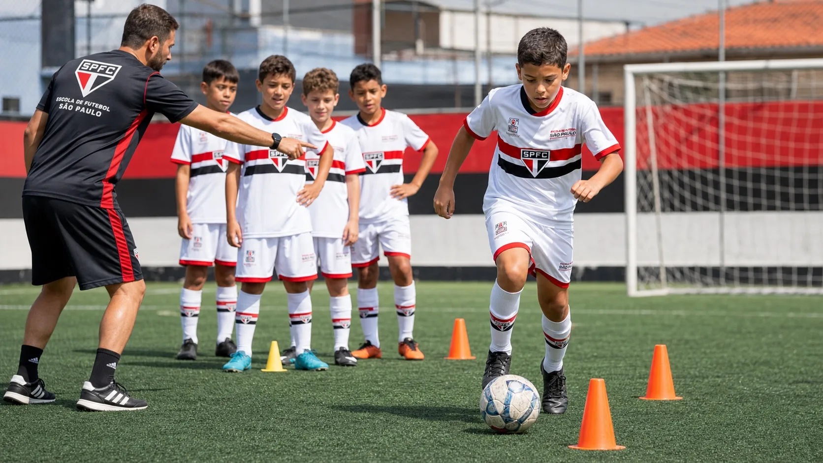 Crianças treinando futebol com uniforme branco, vermelho e preto