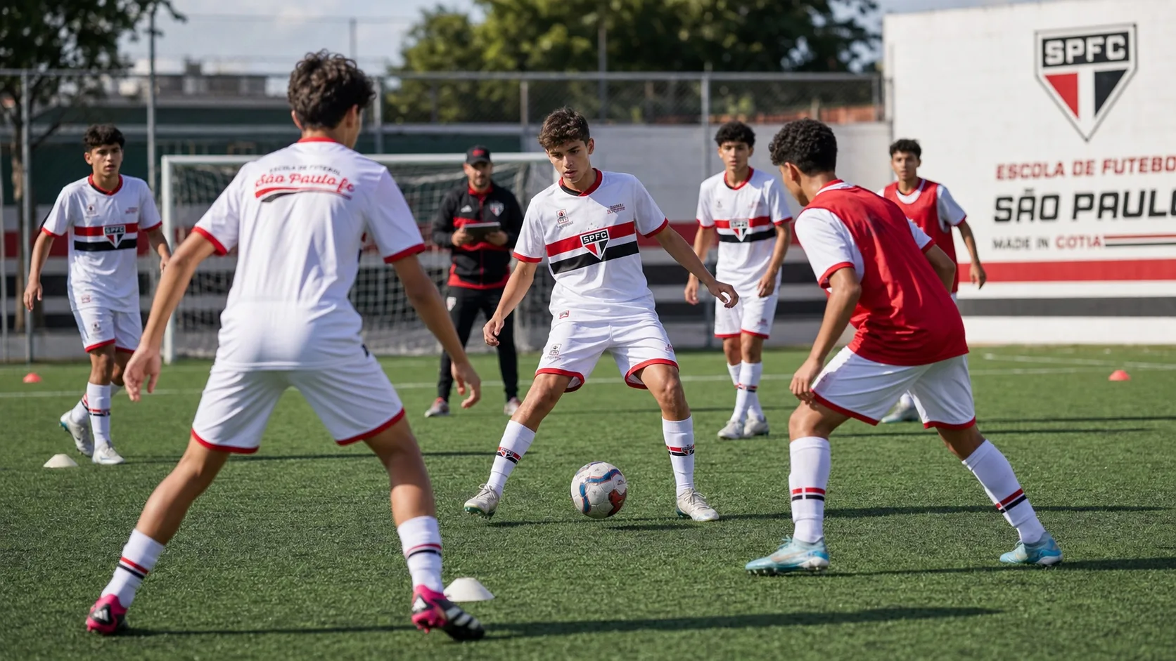 Adolescentes participando de treino de futebol
