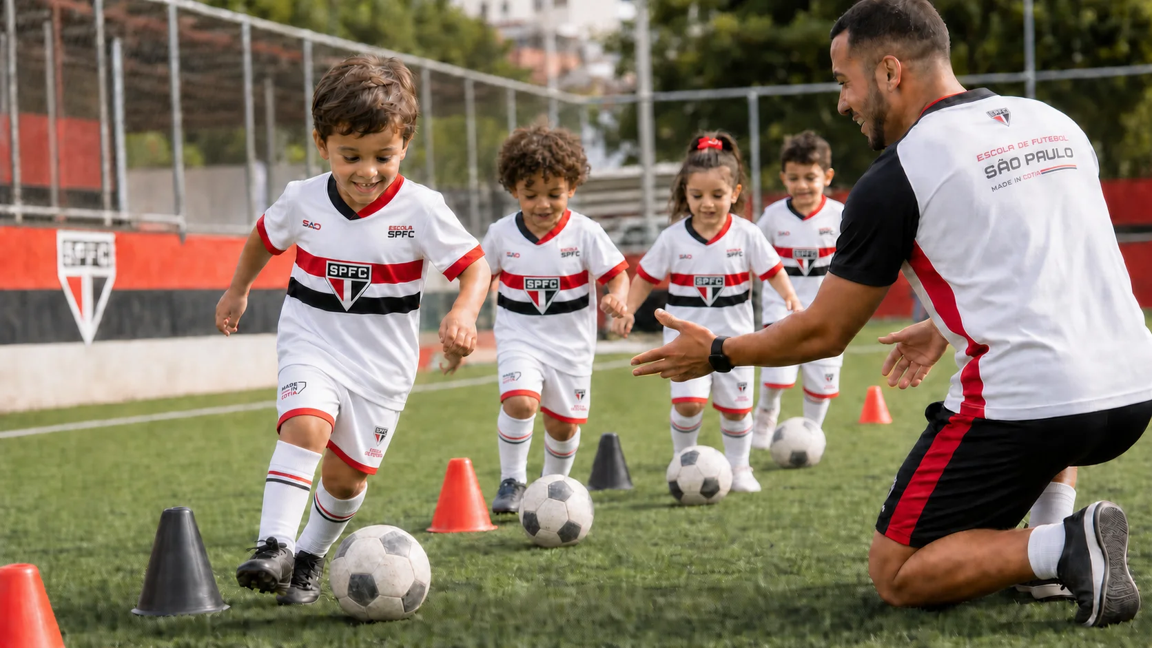 Crianças pequenas em atividade de iniciação com bola e uniforme tricolor