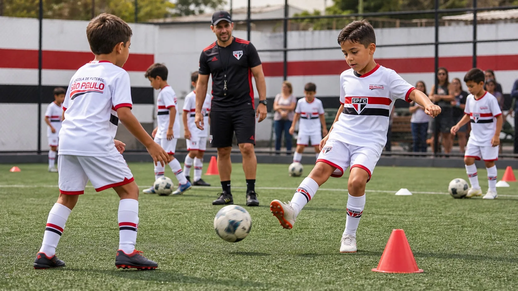 Crianças em exercício coletivo no campo